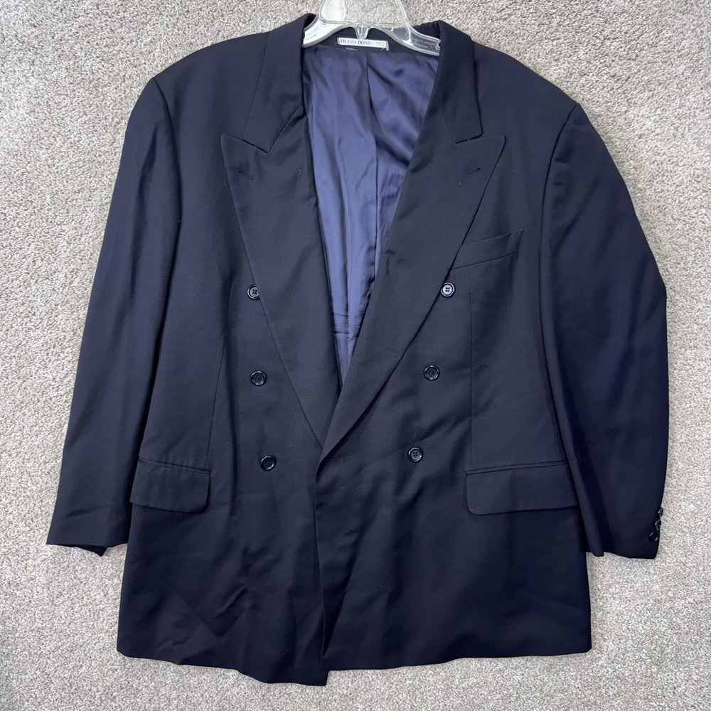 Hugo Boss Blazer Mens 44R Super 100 Wool Double Breasted Navy Blue EUC
